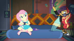 Size: 1920x1080 | Tagged: safe, screencap, fluttershy, sunset shimmer, equestria girls, g4, game stream, my little pony equestria girls: better together, amused, controller, converse, fluttershy boho dress, gamer sunset, gamershy, headphones, psycho gamer sunset, rage quit, rageset shimmer, shoes, sneakers, sunset shimmer frustrated at game, that pony sure have anger issues