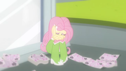 Size: 1280x720 | Tagged: safe, screencap, fluttershy, equestria girls, g4, my little pony equestria girls, boots, clothes, crying, flashback, flyer, head down, polka dot socks, portal to equestria, shoes, socks, statue