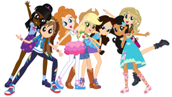 Size: 3464x1948 | Tagged: safe, edit, vector edit, applejack, fluttershy, pinkie pie, rainbow dash, rarity, sci-twi, sunset shimmer, twilight sparkle, human, equestria girls, equestria girls series, g4, black hair, blonde hair, blue eyes, brown eyes, brown hair, clothes, cutie mark on clothes, dark skin, diversity, feet, female, freckles, geode of empathy, geode of shielding, geode of sugar bombs, geode of super speed, geode of super strength, geode of telekinesis, ginger hair, green eyes, headcanon, human coloration, humane five, humane seven, humane six, light skin, looking at you, magical geodes, moderate dark skin, realism edits, redhead, simple background, smiling, tanned, vector, white background