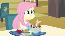 Size: 1280x720 | Tagged: safe, screencap, fluttershy, equestria girls, g4, my little pony equestria girls, apple, bowl, burger, cafeteria, confused, cute, eating, food, fruit bowl, shyabetes, tray