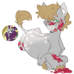 Size: 1000x1000 | Tagged: safe, artist:kazmuun, screencap, hugh jelly, earth pony, pony, g4, appaloosa, coat markings, ear fluff, food, jelly, leonine tail, lying down, male, prone, reference used, screencap reference, simple background, solo, stallion, tail, tongue out, transparent background