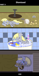 Size: 1920x3688 | Tagged: safe, artist:platinumdrop, derpy hooves, doctor whooves, time turner, pegasus, pony, comic:dismissed, g4, 3 panel comic, alone, alternate timeline, bad end, bag, bath, bathroom, bathtub, bed, bedroom, blanket, boat, bowl, bubble, bubble bath, claw foot bathtub, comic, commission, covering face, crying, cuddling, depressed, despair, destruction, distressed, ears back, egg, eyes closed, female, floppy ears, flour, folded wings, food, furniture, heartbreak, hiding face, home, house, in bed, indoors, kitchen, lonely, lying down, mare, misery, muffin, muffin tray, onomatopoeia, open mouth, overhead view, plushie, prone, rubber duck, sad, sad pony, scrunchy face, sitting, sobbing, solo, sorrow, sound effects, suffering, table, tears of sadness, teary eyes, toy, toy boat, tray, wall of tags, water, wings, wings down, woe