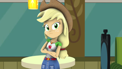 Size: 1920x1080 | Tagged: safe, artist:ontheedgeht, applejack, human, equestria girls, g4, my little pony equestria girls: better together, 3d, arms, belt, breasts, bust, chair, clothes, collar, couch, cowboy hat, crossed arms, denim skirt, female, freckles, frown, geode of super strength, hand, hat, head tilt, lamp, long hair, magical geodes, ponytail, restaurant, short sleeves, skirt, solo, source filmmaker, t-shirt, table, teenager, window