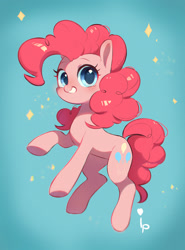 Size: 1000x1352 | Tagged: safe, artist:inkypuso, pinkie pie, earth pony, pony, g4, cute, diapinkes, female, looking at you, mare, pink pony, signature, smiling, smiling at you, solo, sparkles, tail, three quarter view
