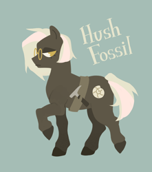 Size: 2384x2696 | Tagged: safe, artist:kuroikamome, oc, oc:hush fossil, earth pony, pony, dark coat, fossil, frown, full body, glasses, gray coat, reference, short hair, solo, text, toolbelt, white mane, yellow eyes