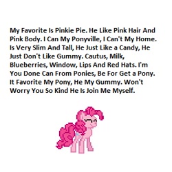 Size: 300x300 | Tagged: safe, pinkie pie, earth pony, pony, g4, comic, desktop ponies, eyes closed, female, grammar error, happy, pixel art, simple background, solo, sprite, text, wat, white background