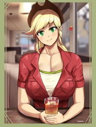 Size: 2010x2676 | Tagged: safe, artist:chigusa, applejack, human, g4, big breasts, breasts, busty applejack, cleavage, clothes, cowboy hat, cup, female, freckles, hat, humanized, looking at you, offscreen character, pov, smiling, smiling at you, solo, window