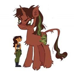 Size: 1440x1440 | Tagged: safe, artist:webkinzworldz, pony, unicorn, angry, axel (total drama island), brown coat, chest fluff, colored pupils, curly mane, curly tail, ear fluff, female, fetlock tuft, frown, green eyes, horn, leg fluff, leonine tail, mare, narrowed eyes, ponified, scowl, simple background, solo, tail, tail fluff, total drama, total drama island, two toned mane, two toned tail, white background, wingding eyes