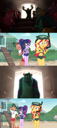Size: 1360x2996 | Tagged: safe, edit, edited screencap, editor:incredibubbleirishguy, screencap, sci-twi, sunset shimmer, timber spruce, twilight sparkle, equestria girls, g4, my little pony equestria girls: better together, unsolved selfie mysteries, disappointed, female, james p. sullivan, male, monsters inc., monsters university, scared, sci-twi swimsuit, sunset shimmer swimsuit, sunset shimmer's beach shorts swimsuit, timbertwi