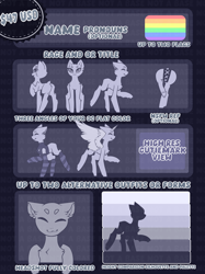 Size: 5000x6700 | Tagged: safe, artist:minty--fresh, alicorn, pony, bust, chest fluff, clothes, commission, full body, lgbt flag, obtrusive watermark, portrait, reference sheet, silhouette, size comparison, socks, striped socks, watermark, ych example, your character here