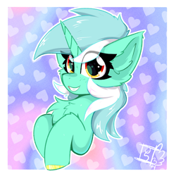 Size: 2000x2000 | Tagged: safe, artist:jubyskylines, lyra heartstrings, pony, unicorn, g4, bust, chest fluff, colored hooves, ear fluff, eye clipping through hair, eyebrows, eyebrows visible through hair, hooves to the chest, horn, looking at you, portrait, smiling, smiling at you, solo