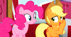 Size: 500x263 | Tagged: safe, applejack, pinkie pie, earth pony, pony, g4, female