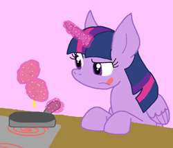 Size: 822x705 | Tagged: safe, artist:cmara, twilight sparkle, alicorn, pony, g4, cooking, counter, female, food, glowing, glowing horn, horn, kitchen counter, magic, magic aura, mare, solo, stove, telekinesis, tongue out, twilight sparkle (alicorn)