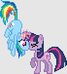 Size: 138x152 | Tagged: safe, rainbow dash, twilight sparkle, pegasus, pony, unicorn, derpibooru, g4, april fools 2024, duo, female, gray background, horn, juxtaposition, kissing, lesbian, magic, mare, meta, pixel art, ship:twidash, shipping, simple background, unicorn twilight