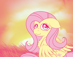 Size: 1348x1048 | Tagged: safe, artist:bluemoon, fluttershy, pegasus, pony, g4, chest fluff, floppy ears, grass, looking at you, outdoors, pastel, sky, smiling, smiling at you, solo, sunset, three quarter view, wings