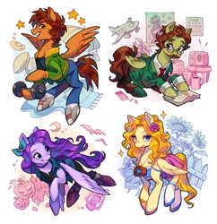 Size: 1160x1200 | Tagged: safe, artist:xamag, bat, pegasus, pony, abigail (stardew valley), alex (stardew valley), blazer, book, bow, camera, clothes, coffee, coffee mug, denim, dumbbell (object), facial hair, female, fence, flower, flower in hair, football, glasses, hair bow, haley (stardew valley), halloween, harvey (stardew valley), holiday, jack-o-lantern, jacket, jeans, looking at you, lying down, male, moustache, mug, necktie, pants, pills, ponified, pumpkin, radio, shirt, shoes, simple background, smiling, smiling at you, sports, stardew valley, sunflower, tank top, varsity jacket, vest, weights, white background