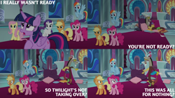 Size: 2000x1125 | Tagged: safe, edit, edited screencap, editor:quoterific, screencap, applejack, discord, fluttershy, pinkie pie, rainbow dash, rarity, twilight sparkle, alicorn, g4, the beginning of the end, canterlot castle interior, mane six, pillow, throne room, twilight sparkle (alicorn)