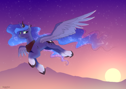 Size: 7017x4960 | Tagged: safe, artist:renderpoint, princess luna, alicorn, pony, g4, alternate design, coat markings, colored wings, concave belly, constellation hair, ethereal mane, ethereal tail, eyeshadow, female, flying, jewelry, lidded eyes, looking back, makeup, mare, peytral, sky, smiling, socks (coat markings), solo, spread wings, starry mane, stars, sun, sunset, tail, tiara, two toned wings, wings