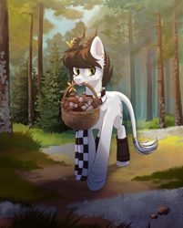 Size: 2328x2894 | Tagged: safe, artist:glumarkoj, oc, oc only, oc:sound error, earth pony, pony, basket, clothes, ear piercing, earth pony oc, eye clipping through hair, eyebrows, eyebrows visible through hair, female, forest, high res, horn, horn ring, looking at you, mare, mouth hold, mushroom, nature, piercing, ring, scarf, smiling, smiling at you, solo, striped scarf, tree