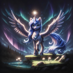 Size: 5312x5312 | Tagged: safe, ai assisted, ai content, artist:adorablebluefox, princess luna, alicorn, pony, g4, :3, absurd resolution, aurora borealis, backlighting, beautiful, chest fluff, cute, detailed, detailed background, ear fluff, feathered wings, female, flower, fluffy, forest, full body, glowing, glowing horn, grass, hoof fluff, hoof shoes, horn, jewelry, lake, looking at you, lunabetes, mare, nature, night, outdoors, peytral, praise the moon, pretty, princess shoes, raised hoof, regalia, rock, s1 luna, scenery, scenery porn, sky, smiling, smiling at you, solo, spread wings, standing, starry mane, starry night, starry tail, stars, tail, tiara, tree, water, wing fluff, wings