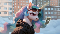 Size: 2560x1440 | Tagged: safe, ai assisted, ai content, artist:dovakkins, derpibooru exclusive, generator:pony diffusion v6 xl, generator:stable diffusion, princess celestia, alicorn, pony, g4, celestia is not amused, cellphone, chest fluff, city, clothes, ear fluff, female, hoodie, looking at something, magic, magic aura, mare, phone, slavic, smartphone, snow, solo, sunglasses, sunglasses on head, unamused, wavy mane, winter