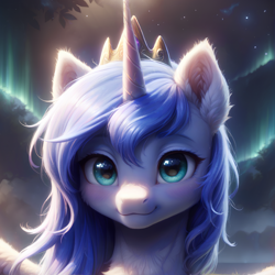 Size: 1280x1280 | Tagged: safe, ai assisted, ai content, alternate version, artist:adorablebluefox, derpibooru exclusive, princess luna, alicorn, pony, g4, :3, aurora borealis, beautiful, chest fluff, close-up, cute, detailed, detailed background, ear fluff, female, fluffy, horn, jewelry, looking at you, lunabetes, mare, nature, night, outdoors, pretty, s1 luna, sky, smiling, smiling at you, solo, stars, tiara, tree
