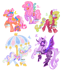 Size: 2048x2325 | Tagged: safe, artist:eyerealm, artist:junglicious64, oc, oc only, oc:bubblegum, oc:carousel, oc:clara, oc:ferris wheel, oc:flower bug, bug pony, butterfly, butterfly pony, changeling, dragonfly, earth pony, hybrid, insect, pony, unicorn, adoptable, antennae, big eyes, blue coat, blue eyes, bow, braid, braided tail, bridle, butterfly wings, candy, carapace, carousel, changeling oc, closed mouth, coat markings, colored eyelashes, colored hooves, colored pupils, colored wings, curly hair, curly mane, curly tail, earth pony oc, ethereal mane, ethereal tail, eyeshadow, fangs, female, filigree, flower, flower in tail, flying, food, for sale, group, hair bow, harness, headpiece, hoof shoes, horn, long mane, long tail, looking at you, makeup, mare, multicolored mane, multicolored tail, multicolored wings, one eye closed, open mouth, open smile, orange coat, orange eyelashes, orange eyes, pink eyelashes, pink eyes, pink mane, pink tail, ponytail, princess shoes, profile, purple changeling, purple coat, purple eyelashes, purple eyes, purple mane, purple tail, quintet, rainbow wings, raised hoof, red coat, saddle, shiny mane, shiny tail, simple background, smiling, sparkly mane, sparkly tail, spread wings, standing, swirly eyes, tack, tail, tail bow, text, tied mane, tied tail, trotting, two toned mane, two toned tail, umbrella, underhoof, unicorn horn, unicorn oc, walking, wall of tags, watermark, white background, wingding eyes, wings, wink