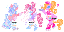 Size: 2048x1038 | Tagged: safe, artist:eyerealm, artist:junglicious64, oc, oc only, oc:ice skater, oc:pirouette, oc:roller waitress, earth pony, pony, adoptable, apron, arm warmers, ballerina, ballet slippers, bipedal, blue eyelashes, blue eyes, blue mane, blue tail, blush sticker, blushing, clothes, colored eyelashes, colored pupils, curly mane, curly tail, diner uniform, dress, drink, earth pony oc, eyelashes, eyeshadow, female, for sale, glass, hair bun, hat, headpiece, heart, heart eyes, hoof hold, ice skates, juice, leg warmers, licking, licking lips, lidded eyes, long mane, long tail, looking back, makeup, mare, multicolored mane, multicolored tail, neck bow, open mouth, open smile, orange mane, orange tail, pink coat, pink eyelashes, pink mane, pink tail, plate, platter, ponytail, purple eyes, rearing, roller skates, simple background, skates, skirt, smiling, starry eyes, straw, tail, text, tied mane, tongue out, trio, trio female, tutu, two toned mane, two toned tail, waitress, watermark, white background, white coat, wingding eyes