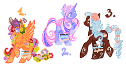 Size: 2048x1077 | Tagged: safe, artist:eyerealm, artist:junglicious64, oc, oc only, oc:elegiac stardust, oc:silky, unnamed oc, earth pony, pegasus, pony, unicorn, adoptable, bead necklace, blush sticker, blushing, braid, braided ponytail, braided tail, brown coat, brown eyelashes, brown eyes, colored eyelashes, colored wings, colored wingtips, curly mane, curly tail, earth pony oc, ethereal mane, ethereal tail, eye clipping through hair, eyeshadow, female, filigree, flower, flower in hair, for sale, gradient legs, gradient mane, gradient tail, gradient wings, headpiece, hoof shoes, horn, jewelry, lavender eyes, leg markings, lidded eyes, long mane, long tail, looking at you, looking back, looking up, makeup, mare, multicolored mane, multicolored tail, necklace, orange coat, pegasus oc, pink mane, pink tail, ponytail, princess shoes, profile, purple coat, purple eyelashes, purple eyes, raised hoof, signature, simple background, smiling, sparkly mane, sparkly tail, spread wings, standing, starry eyes, tail, tail beads, text, thick eyelashes, tied mane, tied tail, trio, trio female, two toned mane, two toned tail, two toned wings, unicorn horn, unicorn oc, watermark, wavy mane, wavy tail, white background, wingding eyes, wings