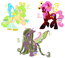 Size: 2048x1849 | Tagged: safe, artist:eyerealm, artist:junglicious64, oc, oc only, unnamed oc, butterfly, butterfly pony, hybrid, pony, adoptable, antennae, braid, braided tail, butterfly wings, closed mouth, clothes, coat markings, colored eyelashes, colored pupils, colored wings, cream coat, cup, curly eyelashes, curly mane, curly tail, cyan eyelashes, ears back, female, filigree, flower, flower in hair, for sale, frown, green mane, green tail, hair accessory, hair bun, hoof hold, leg markings, leg warmers, lidded eyes, long mane, long tail, looking back, multicolored wings, pink eyes, pink mane, pink tail, profile, purple coat, purple eyelashes, purple eyes, raised hoof, raised leg, rearing, red coat, shoes, simple background, smiling, socks (coat markings), spread wings, standing, straight mane, tail, teacup, tied mane, tied tail, transparent wings, trio, two toned mane, two toned tail, unusual pupils, updo, white background, wingding eyes, wings, yellow eyes