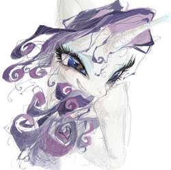 Size: 1513x1504 | Tagged: safe, artist:eyerealm, rarity, pony, unicorn, g4, blue eyes, bust, crosshatch, curly mane, digital painting, eye clipping through hair, eyeshadow, female, horn, lidded eyes, makeup, mare, messy mane, purple mane, raised hoof, simple background, smiling, solo, stylized, unicorn horn, white background, wingding eyes