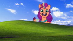 Size: 2560x1440 | Tagged: safe, sunny starscout, earth pony, pony, g5, my little pony: tell your tale, bliss xp, cloud, female, hill, looking at you, mane stripe sunny, microsoft, microsoft windows, raised hoof, solo, wallpaper, windows xp