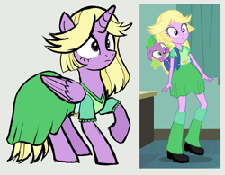 Size: 1293x1008 | Tagged: safe, artist:catachromatic, spike, twilight sparkle, alicorn, dog, human, pony, equestria girls, g4, my little pony equestria girls, alternate mane color, alternate tail color, backpack, backpack spike, black outlines, blonde hair, clothes, colored sketch, disguise, dress, duo, duo male and female, equestria girls interpretation, equestria girls outfit, female, folded wings, hoof boots, human female, male, mare, ponies wearing clothing, raised hoof, scene interpretation, screencap reference, shirt, sketch, spike the dog, surprised, twilight sparkle (alicorn), twilight strong, wig, wing hole, wings