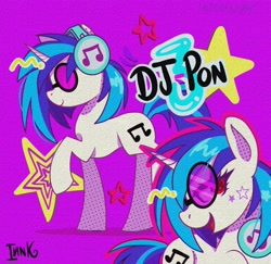 Size: 1600x1556 | Tagged: safe, artist:inzomniak, dj pon-3, vinyl scratch, pony, unicorn, g4, bust, colored pinnae, concave belly, emanata, female, glasses, headphones, horn, lidded eyes, looking at you, mare, name, open mouth, open smile, outline, profile, purple background, raised hoof, shadow, signature, simple background, smiling, smiling at you, solo, stars, sticker, text, turned head, vinyl's glasses, walking