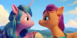 Size: 691x337 | Tagged: safe, screencap, izzy moonbow, sunny starscout, earth pony, unicorn, g5, my little pony: a new generation, duo, duo female, female, horn, out of context, puckered lips