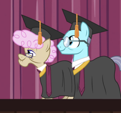 Size: 706x658 | Tagged: safe, screencap, aquamarine robe, rosy sapphire, pony, g4, growing up is hard to do, being big is all it takes, cutie mark crusaders, female, graduation cap, hat, male, mare, stallion