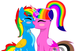 Size: 1831x1227 | Tagged: safe, artist:shieldwingarmorofgod, oc, oc only, oc:rainbow sparkle, oc:shield wing, g4, duo, eyes closed, female, kiss on the lips, kissing, male, oc x oc, shipping, simple background, straight, transparent background