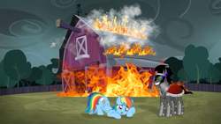 Size: 1279x720 | Tagged: artist needed, safe, anonymous artist, artist:givralix, artist:legat-bf, edit, edited screencap, screencap, king sombra, rainbow dash, pegasus, pony, 28 pranks later, g4, alternate ending, alternate scenario, bad end, barn, burning, crying, dialogue in the description, duo, female, fire, male, mare, prank gone wrong, reference, reference in the description, smoke, story included, sweet apple acres, the lion king