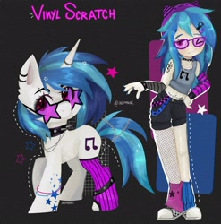 Size: 2034x2062 | Tagged: safe, artist:inzomniak, dj pon-3, vinyl scratch, human, pony, unicorn, equestria girls, g4, alternate design, alternate hairstyle, arm warmers, beanie, belly button, belly piercing, black background, bridge piercing, choker, clothes, colored eyebrows, colored pinnae, converse, ear fluff, ear piercing, earring, emanata, eyebrow piercing, eyebrows, eyelashes, female, fishnet stockings, glasses, glowstick, grid, hairclip, hat, helix piercing, high res, horn, horn ring, jewelry, leg warmers, lidded eyes, lip piercing, looking at you, looking up, mare, name, necklace, one eye closed, outline, painted nails, passepartout, piercing, raised hoof, ring, self paradox, self ponidox, shoes, shorts, signature, simple background, smiling, smiling at you, sparkles, spiked choker, spiked wristband, standing, stars, sticker, tank top, tattoo, text, turned head, wall of tags, wink, winking at you, wristband