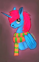 Size: 400x632 | Tagged: safe, artist:reamina, oc, oc only, oc:fizzy comet, alicorn, pony, bust, clothes, female, gradient background, mare, portrait, scarf, solo, striped scarf