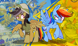 Size: 1920x1136 | Tagged: safe, artist:inzomniak, daring do, rainbow dash, pegasus, pony, g4, :>, backwards cutie mark, concave belly, duo, duo female, female, frown, hat, lidded eyes, looking at each other, looking at someone, mare, pith helmet, raised hoof, rearing, signature, smiling, spread wings, stars, unshorn fetlocks, white pupils, wings