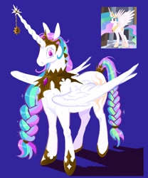 Size: 2500x3000 | Tagged: safe, artist:cracklewink, princess celestia, alicorn, pony, g4, alternate design, alternate hairstyle, alternate tailstyle, blue background, braid, braided ponytail, braided tail, crown, female, high res, hoof shoes, horn, horn accessory, jewelry, long horn, mare, multicolored mane, multicolored tail, no mouth, partially open wings, peytral, pink eyes, ponytail, princess shoes, redesign, regalia, screencap reference, shadow, shiny mane, shiny tail, simple background, solo, standing, tail, tiara, tied mane, tied tail, white coat, wide eyes, wingding eyes, wings
