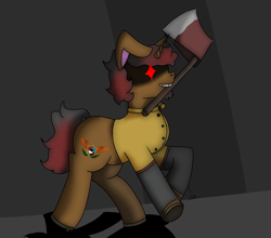 Size: 1440x1266 | Tagged: safe, artist:sp3ctrum-ii, artist:thomas.senko, oc, oc:paul, pony, unicorn, axe, black background, black hair, bunny ears, clothes, horn, male, red hair, simple background, smiling, solo, stallion, weapon