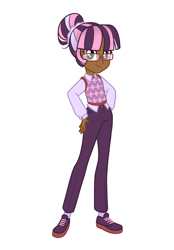 Size: 1640x2360 | Tagged: safe, artist:dreamscreep, twilight sparkle, human, equestria girls, g4, bangs, clothes, female, glasses, hair bun, humanized, multicolored hair, pants, redesign, scrunchie, shirt, shoes, simple background, socks, solo, sweater vest, white background