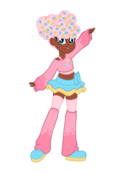 Size: 1640x2360 | Tagged: safe, artist:dreamscreep, pinkie pie, human, equestria girls, g4, bangs, blue eyes, clothes, curly hair, food, humanized, leg warmers, miniskirt, pigtails, pink hair, redesign, shoes, short shirt, skirt, sneakers, solo, sprinkles, sweater, thigh socks, tutu
