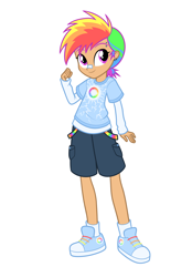 Size: 1640x2360 | Tagged: safe, artist:dreamscreep, rainbow dash, human, equestria girls, g4, bandaid, bandaid on nose, cargo shorts, clothes, converse, ear piercing, earring, eyebrow piercing, humanized, jewelry, multicolored hair, piercing, ponytail, rainbow hair, redesign, shirt, shoes, shorts, simple background, sneakers, socks, solo, t-shirt, tomboy, white background