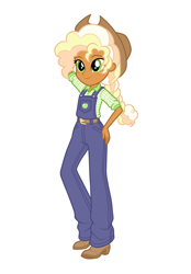Size: 1640x2360 | Tagged: safe, artist:dreamscreep, applejack, human, equestria girls, g4, belt, blonde hair, boots, braid, braided ponytail, clothes, cowboy hat, curly hair, freckles, hat, humanized, overalls, ponytail, redesign, shirt, shoes, solo