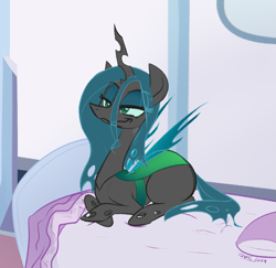 Size: 1107x1075 | Tagged: safe, artist:furseiseki, queen chrysalis, changeling, changeling queen, g4, bed, bedroom, bedroom eyes, bugbutt, butt, chrysalass, cute, cutealis, featured image, female, indoors, lidded eyes, lying down, on bed, ponyloaf, prone, smiling, smirk, smug, solo, wavy mouth