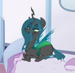Size: 1107x1075 | Tagged: safe, artist:furseiseki, queen chrysalis, changeling, changeling queen, g4, bed, bedroom, bedroom eyes, bugbutt, butt, chrysalass, cute, cutealis, female, lying down, ponyloaf, prone, smug, solo