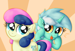 Size: 2474x1694 | Tagged: safe, artist:background basset, bon bon, lyra heartstrings, sweetie drops, earth pony, pony, unicorn, g4, :p, abstract background, adorabon, cute, duo, female, horn, lyrabetes, mare, silly face, smiling, tongue out
